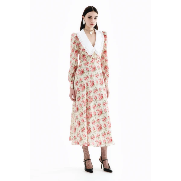 Rose Print Silk Dress With Collar