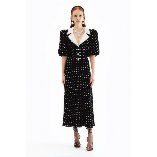 Polka Dot Silk Dress With Puff Sleeves