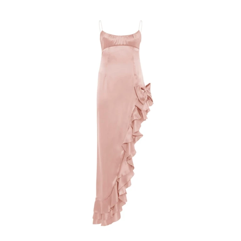 Laminated Silk Evening Dress With Volant Laminated Silk Evening Dress With Volant Clothing Alessandra Rich Luxury Shoes 