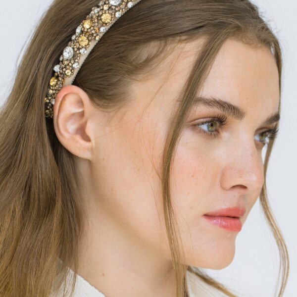 The Astor Headband is crafted in New York from hand-embroidered beads and crystals