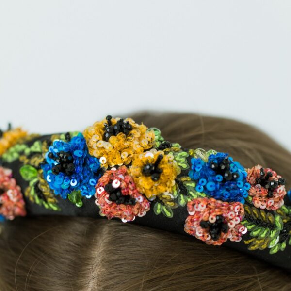 The Elia Headband is made by hand in New York of embroidered sequin flower embellishment