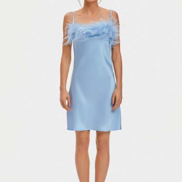 The Sleeper Boheme Mini Dress with Feathers in Light Blue
