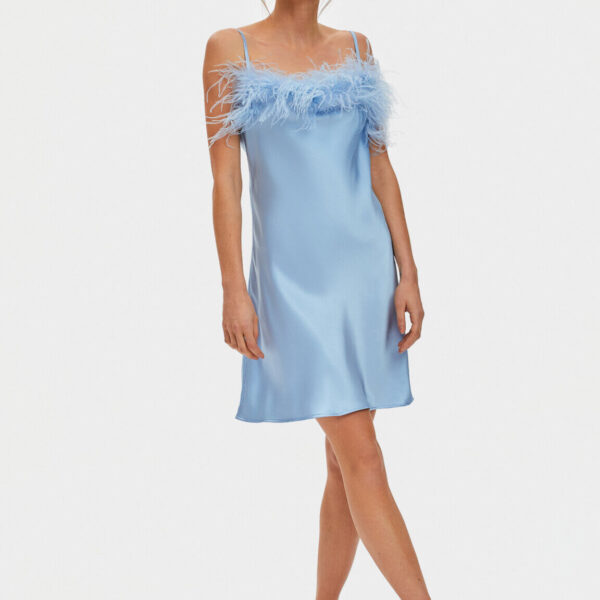 The Sleeper Boheme Mini Dress with Feathers in Light Blue