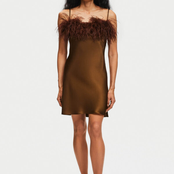 The Sleeper Boheme Mini Dress with Feathers in Whiskey Brown