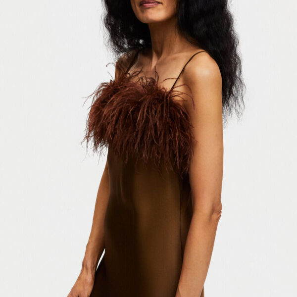 The Sleeper Boheme Mini Dress with Feathers in Whiskey Brown