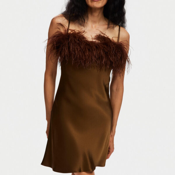 The Sleeper Boheme Mini Dress with Feathers in Whiskey Brown