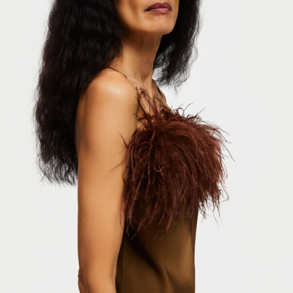 The Sleeper Boheme Mini Dress with Feathers in Whiskey Brown