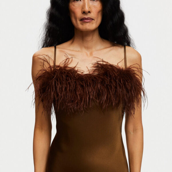 The Sleeper Boheme Mini Dress with Feathers in Whiskey Brown