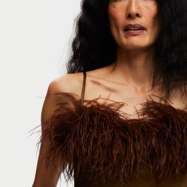 Boheme Mini Dress with Feathers in Whiskey Brown - Image 7