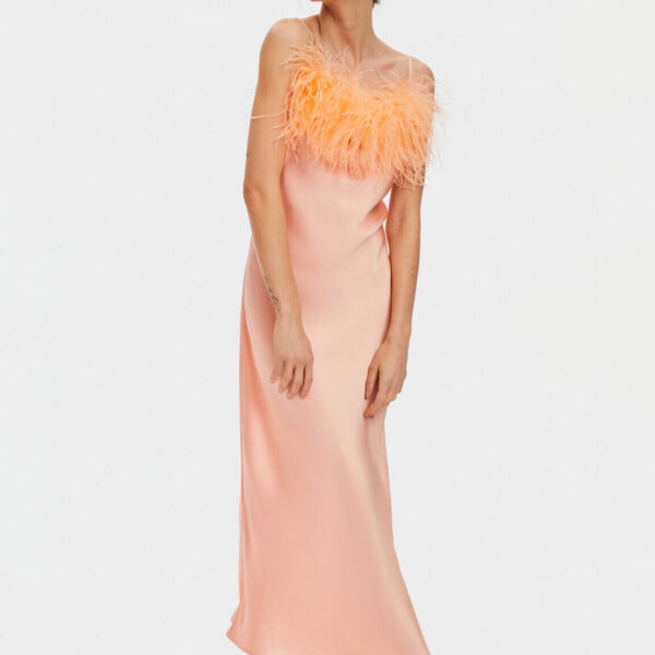 The Sleeper Boheme Slip Dress with Feathers in Light Peach