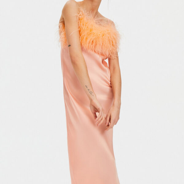 The Sleeper Boheme Slip Dress with Feathers in Light Peach