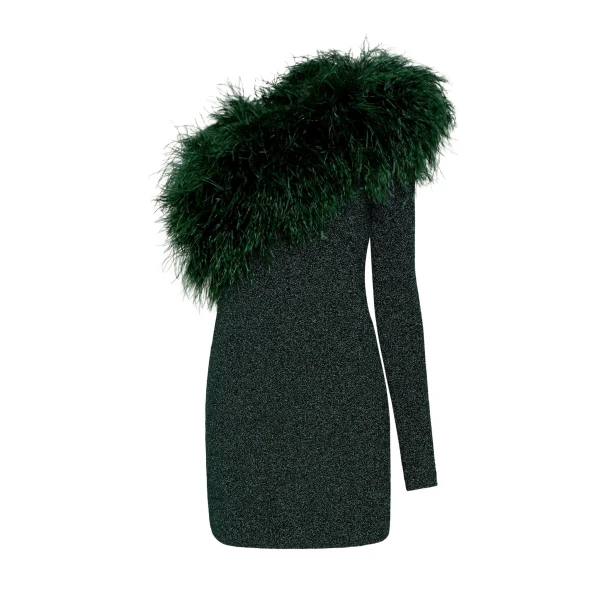 Lapointe Metallic Jersey One Shoulder Dress With Feathers