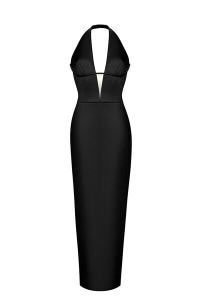 Rasario Satin Draped Long Midi Dress With A Cutout