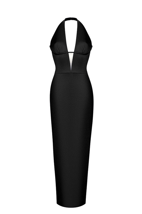 Rasario Satin Draped Long Midi Dress With A Cutout