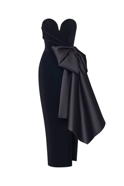 Rasario Satin Draped Long Midi Dress With A Cutout