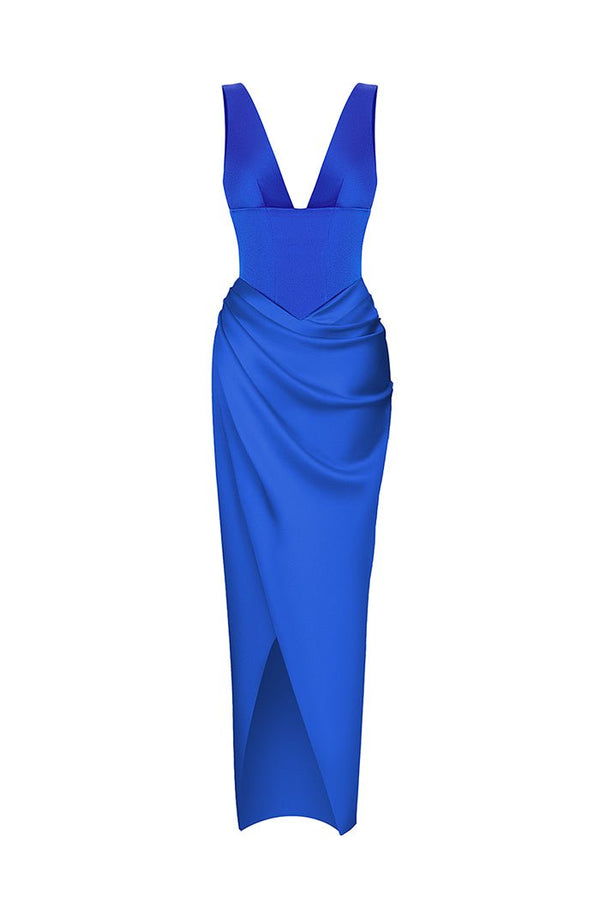 Rasario Satin Draped Long Midi Dress With A Cutout