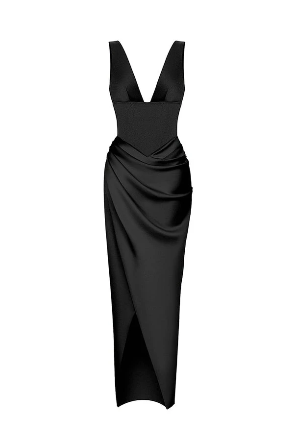 Rasario-Satin-Long-Midi-Dress-With-A-Draped-Skirt Rasario Satin Long Midi Dress With A Draped Skirt