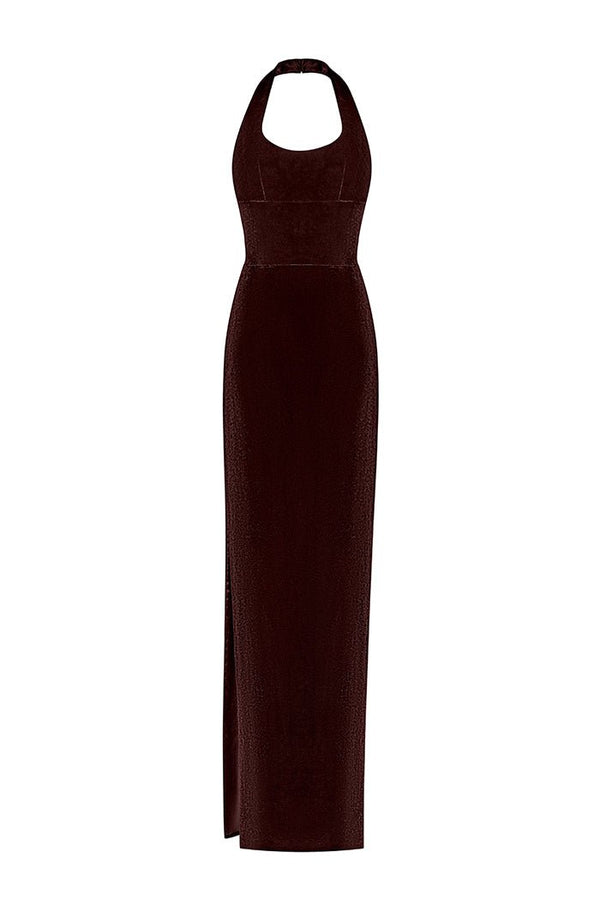 Rasario Velvet Corset Maxi Dress With A Draped Skirt