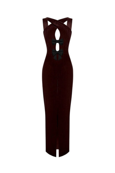 Rasario Velvet Draped Maxi Dress With An Opened Back