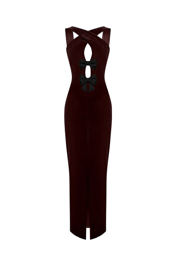 Rasario Velvet Draped Maxi Dress With An Opened Back