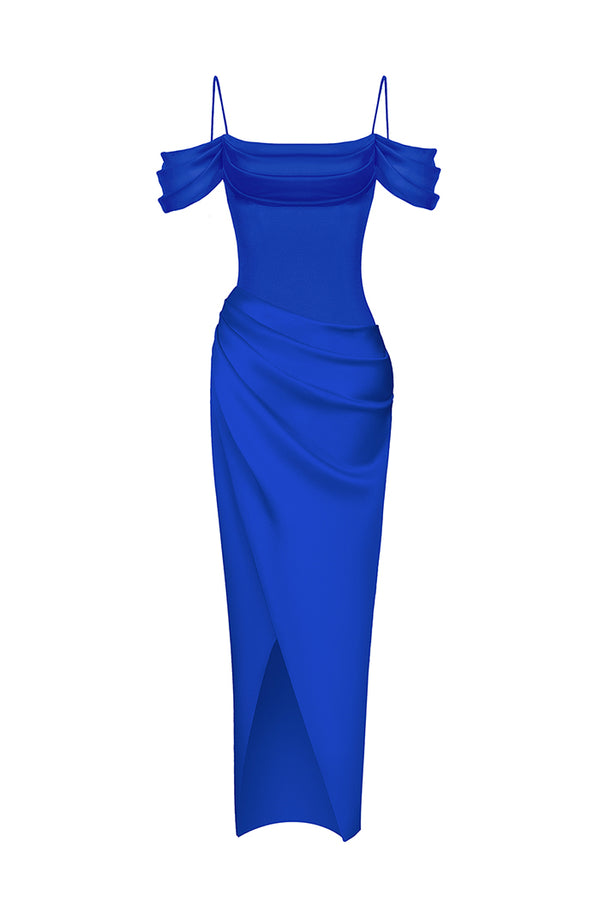 Rasario Velvet Draped Maxi Dress With An Opened Back