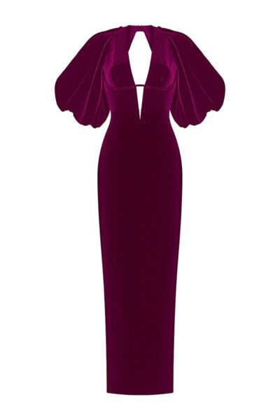 Rasario Velvet Long Midi Dress With A Cutout And Voluminous Sleeves