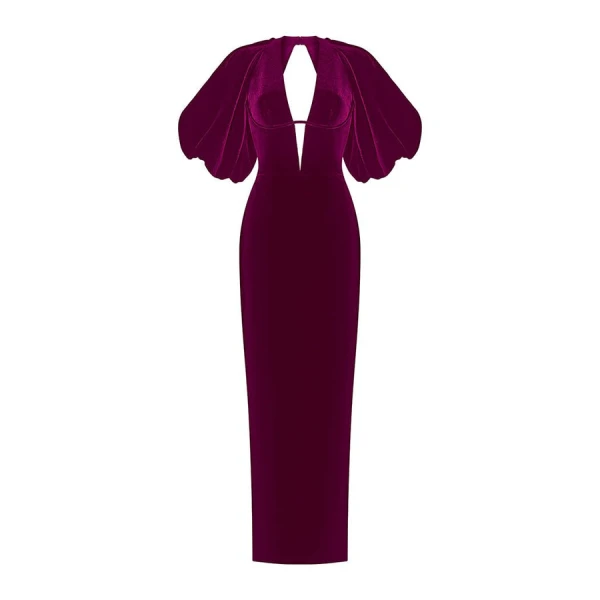 Rasario Velvet Long Midi Dress With A Cutout And Voluminous Sleeves