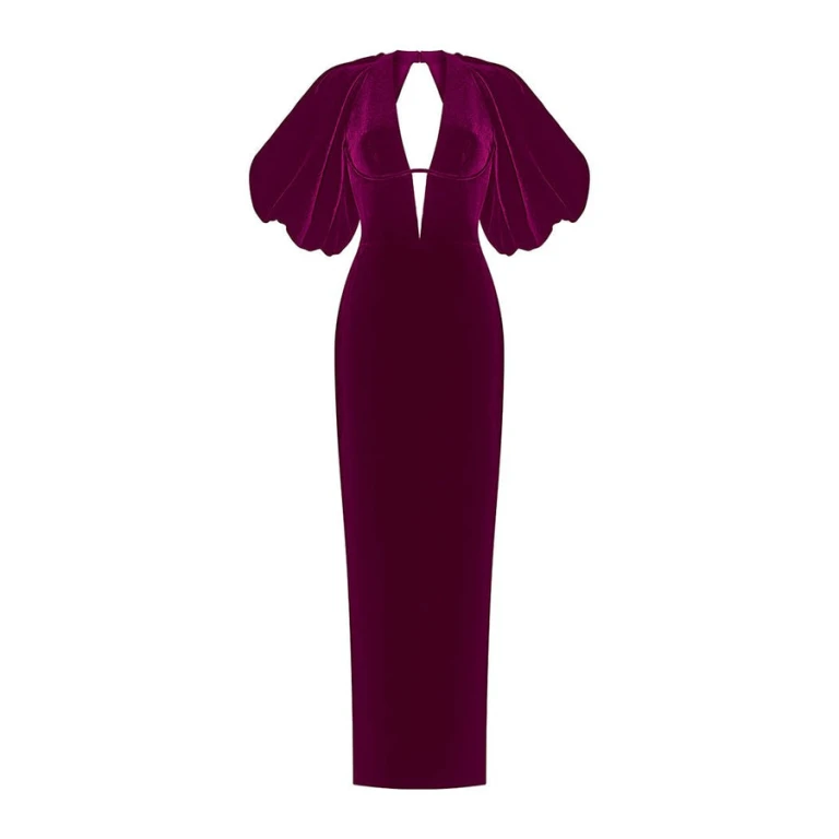 Rasario Velvet Long Midi Dress With A Cutout And Voluminous Sleeves