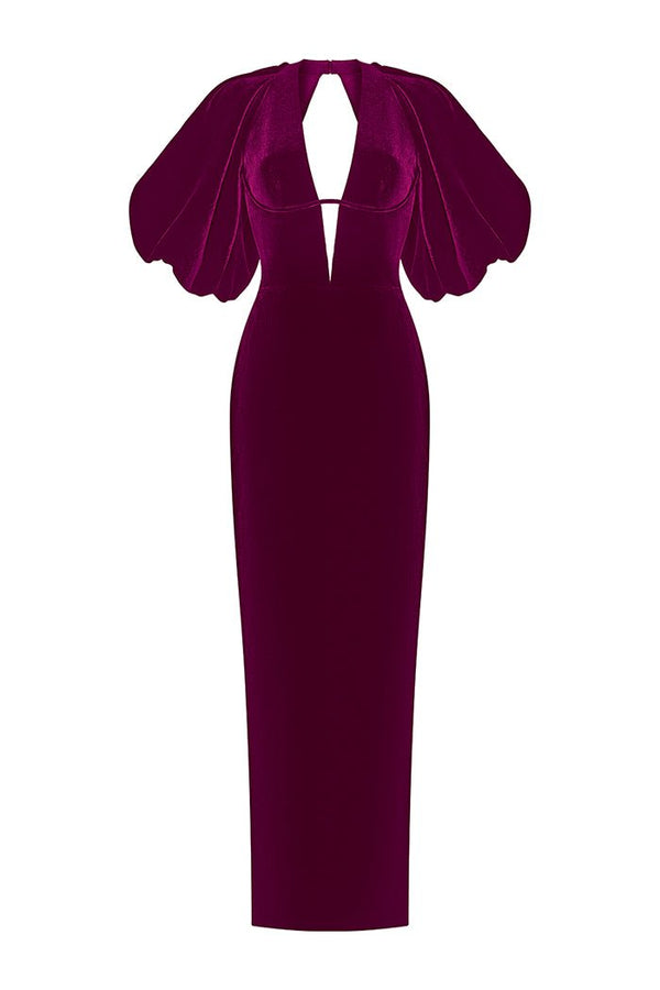 Rasario Velvet Long Midi Dress With A Cutout And Voluminous Sleeves