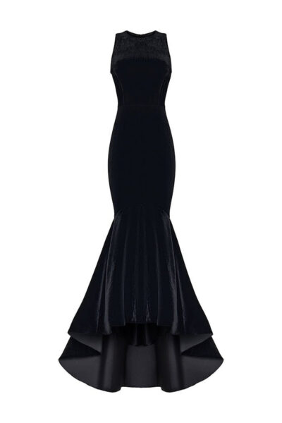 Rasario Velvet Long Midi Dress With A Cutout And Voluminous Sleeves