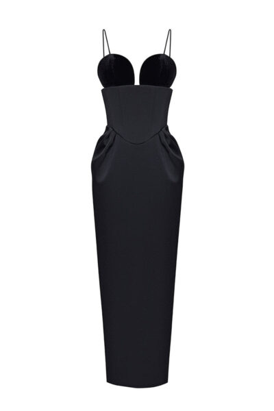 Rasario Velvet Long Midi Dress With Voluminous Sleeves And A Cutout