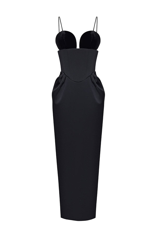 Rasario Velvet Long Midi Dress With Voluminous Sleeves And A Cutout