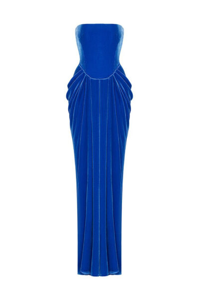 Rasario Velvet Long Midi Dress With Voluminous Sleeves And A Cutout