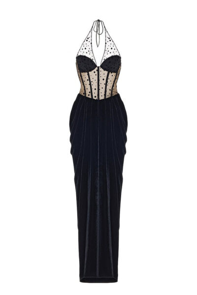 Rasario Velvet Maxi Dress With Bows And Cutouts