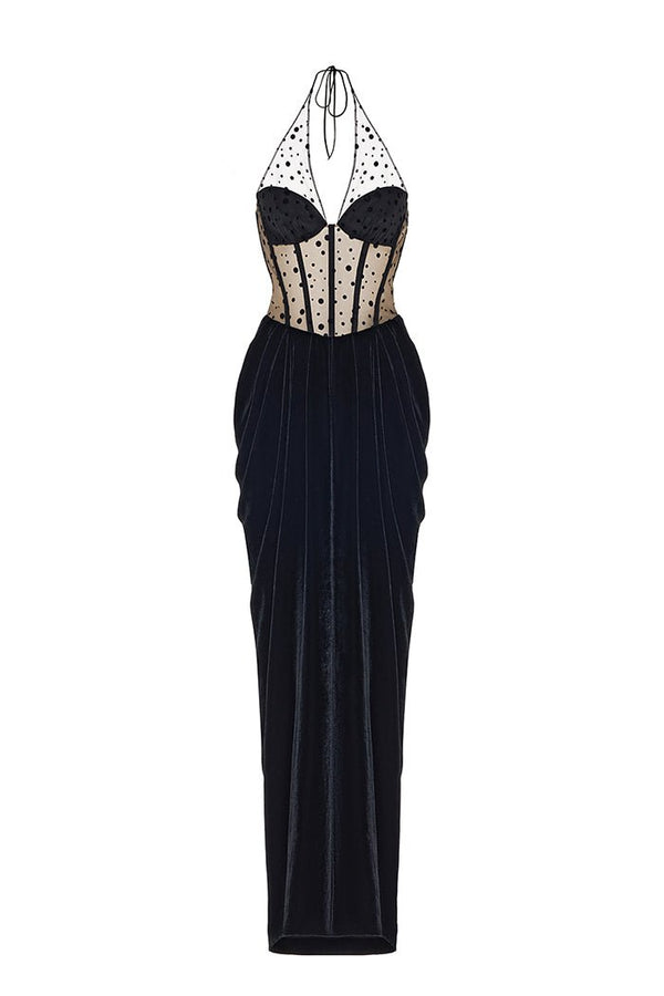 Rasario Velvet Maxi Dress With Bows And Cutouts