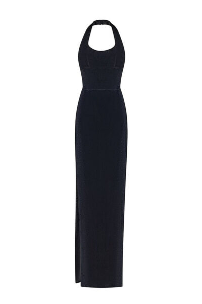 Rasario Velvet Maxi Feather-Trimmed Dress With A Side Slit