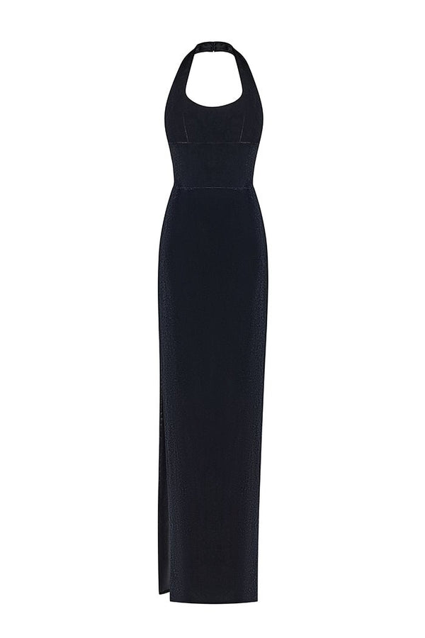 Rasario Velvet Maxi Feather-Trimmed Dress With A Side Slit