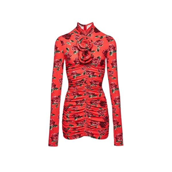 Magda Butrym Ruched floral applique turtleneck dress in red print scaled22248 nobg