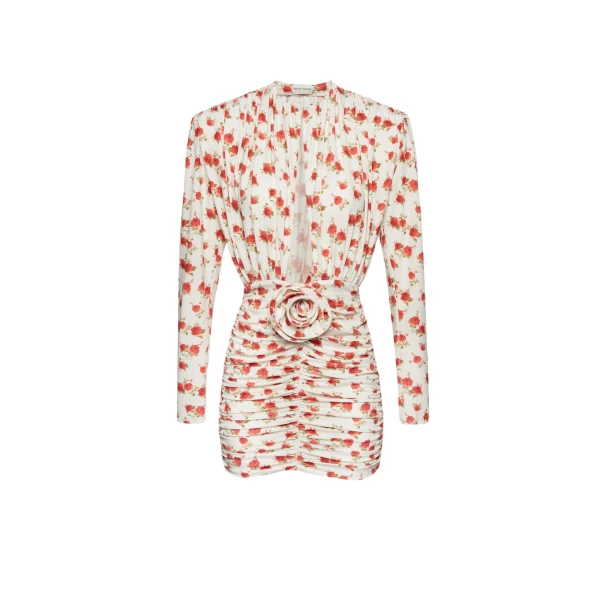 Magda Butrym Ruched long sleeve mini dress in cream print scaled45994 nobg