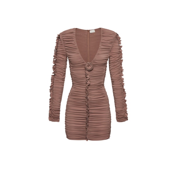 Magda Butrym Ruffle v neck dress in brown scaled80447 nobg