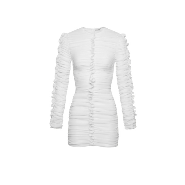 Magda Butrym Silk shirred ruffle mini dress in white scaled63258 nobg