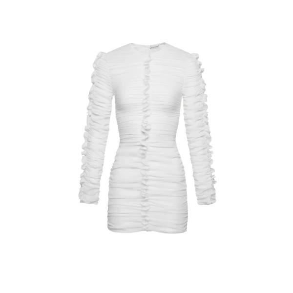 Magda Butrym Silk shirred ruffle mini dress in white scaled63258 nobg