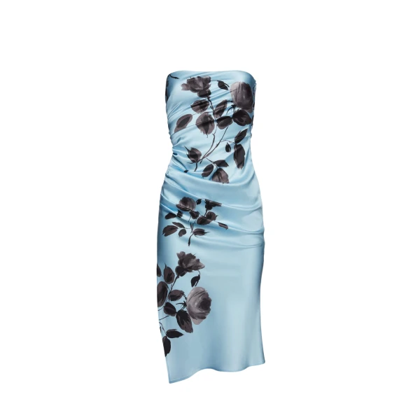 Magda Butrym Strapless silk stamped dress in blue print scaled65260 nobg