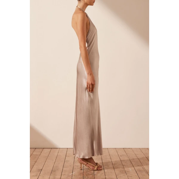 Shona Joy Angelica Low Back Halter Midi Dress - Gold