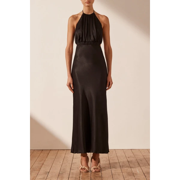 Shona Joy Angelica Ruched Open Back Halter Midi Dress - Black
