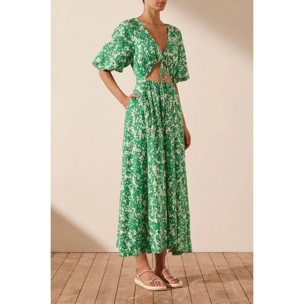 Shona Joy Arosa Linen Short Sleeve Cut Out Midi Dress