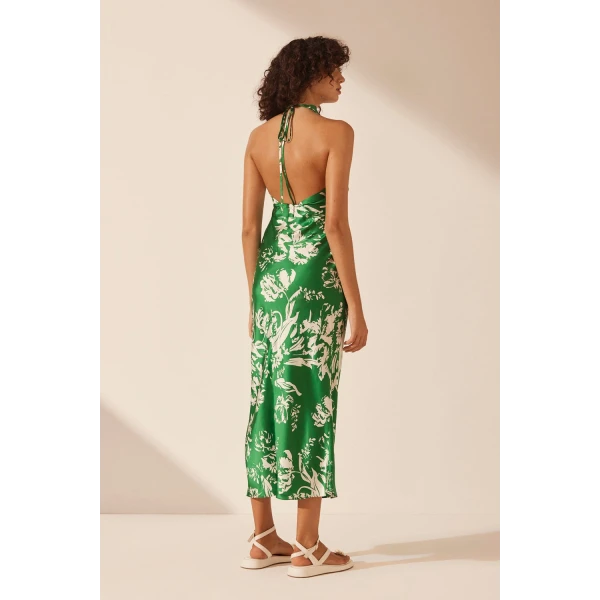 Shona Joy Coppice Silk Cross Front Halter Bias Midi Dress