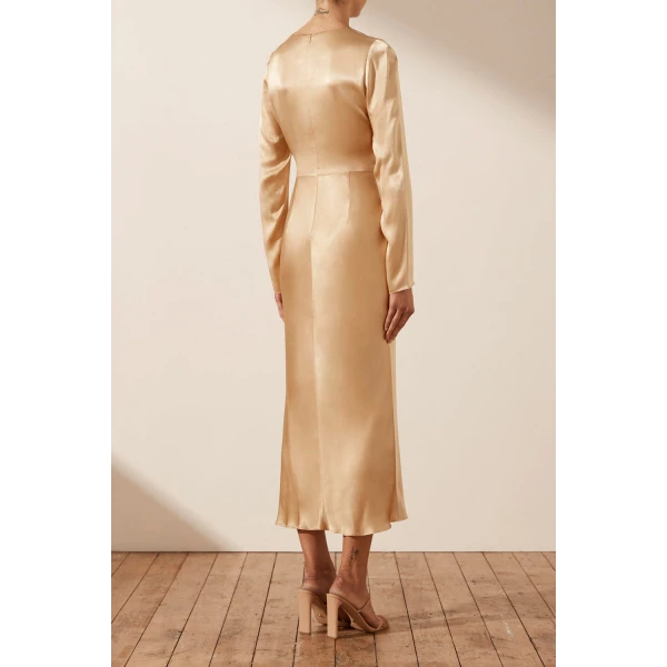 Shona Joy Felicity Long Sleeve Cut Out Front Midi Dress - Porcini