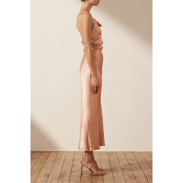 Shona Joy La Lune Asymmetrical Bias Cowl Midi Dress - Desert Rose