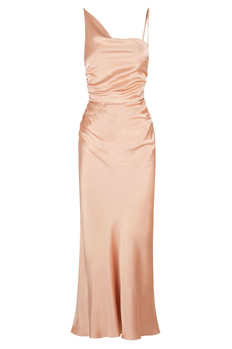 Shona Joy La Lune Asymmetrical Bias Cowl Midi Dress – Desert Rose
